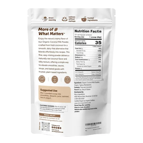 Miniatura 2 de Micro Ingredients Polvo de Leche de Coco Orgánico, 2 Libras Crema para Café, Té y Batidos a Base de Plantas Puro y Rico en MCT Sin
