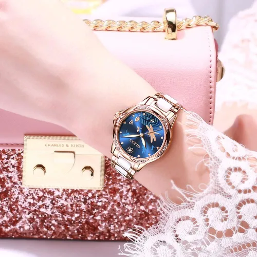 Miniatura 3 de OLEVS Relojes para mujer, de cuerda automática, oro rosa, diamante, reloj de pulsera mecánico automático, acero inoxidable, dos tonos, pulsera