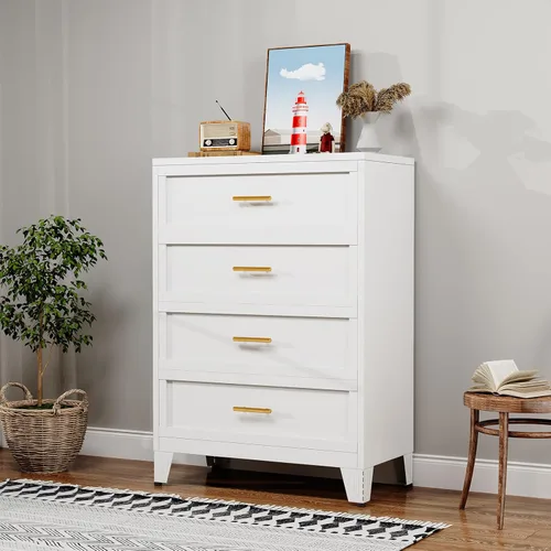 Miniatura 17 de Cómoda blanca de 5 cajones para dormitorio, cómodas y cajoneras de metal de 53.46 pulgadas de alto con diseño de esquinas curvas, cajonera Blanco