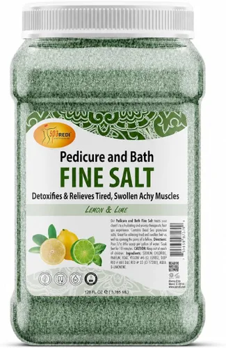 SPA REDI - Desayuno de pies desintoxicante y sal fina para baño, limón y lima, 128 Oz - Hecho con sales del Mar Muerto, aceite de argán, aceite de