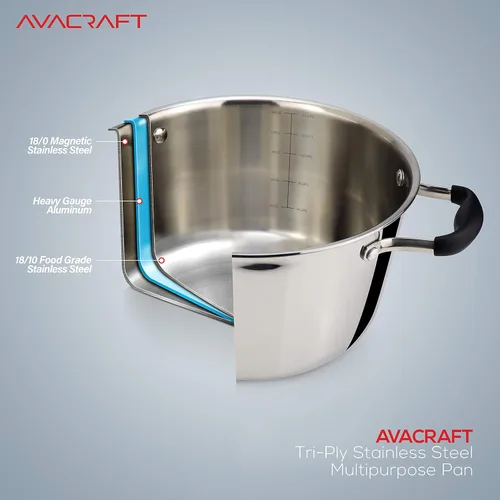 Miniatura 3 de AVACRAFT Horno Holandés de Acero Inoxidable Tri-Ply 18/10, Sartén de Chef con Tapa de Vidrio, Compatible con Inducción, Olla Multiusos para Caldo, 5