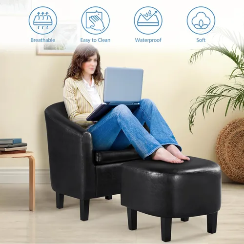 Miniatura 7 de Yaheetech Sillón moderno con reposapiés de piel sintética con reposapiés, silla de lectura con reposapiés, color negro