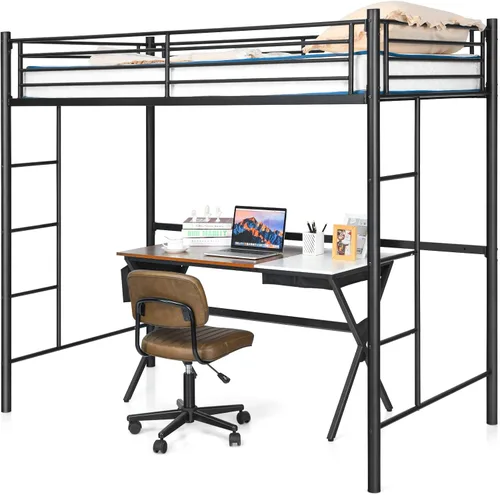 Miniatura 8 de Giantex Cama alta de metal tamaño individual, marco de cama alta resistente con 2 escaleras, litera individual sobre loft con protector de longitud