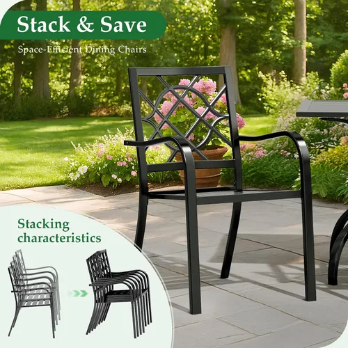 Miniatura 5 de Crownland Juego de 2 sillas de comedor de hierro forjado para patio, sillas apilables de metal con reposabrazos para jardín, piscina, patio trasero