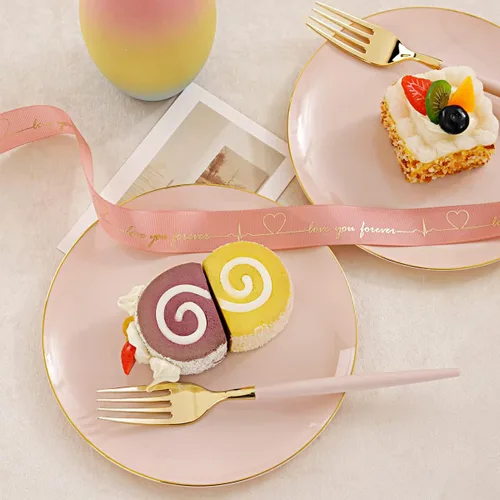 Miniatura 3 de I00000 72 platos de postre de plástico rosa con tenedores desechables, platos de pastel rosa de primera calidad, plato de aperitivo elegante con Oro