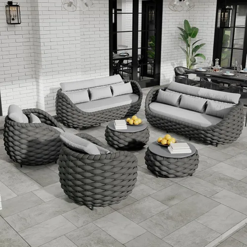 Miniatura 14 de Juego de muebles de patio de cuerda de 4 piezas: conjunto de sofás al aire libre de aluminio acolchado - sofá de conversación moderno ensamblado