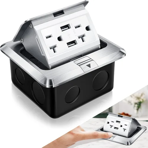 Miniatura 8 de Hoolerry Kit de 1 caja de cubierta de toma de corriente eléctrica de piso desplegable con cargador USB de 4.8 A, 20 amperios, impermeable