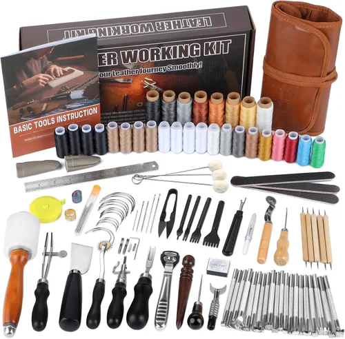 BUTUZE Kit de cuero, kit de herramientas de cuero para principiantes, herramientas de artesanía en cuero con herramientas de estampado, biselador,