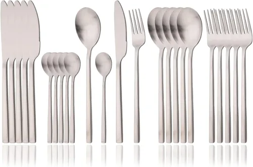 JASHII Juego de cubiertos cepillados, juego de cubiertos de acero inoxidable de 24 piezas, servicio para 6, cuchillo mate, tenedor, cucharas,
