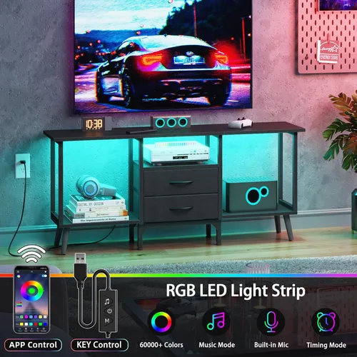 Miniatura 3 de GYIIYUO Soporte de TV pequeño con cajones de tela/luz LED para TV de 55 pulgadas, centro de entretenimiento con estantes abiertos de almacenamiento