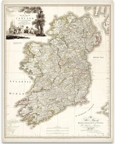 Map of Ireland 1792 11x14 Unframed Poster, Antique 18th Century Irish Counties Cartography Print, Vintage Sepia Geography Art, King George III