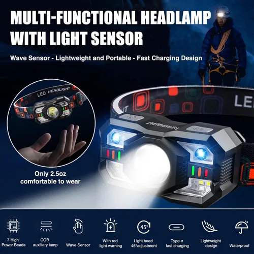 Miniatura 2 de Linterna frontal recargable, 1200 lúmenes súper brillante LED con sensor de movimiento, 10 modos, impermeable, ligera, linterna con luz roja