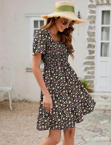 Miniatura 5 de Qirno Vestido corto de gasa para mujer, casual, cuello cuadrado, con vuelo, manga corta, fruncido, escalonado, acampanado, de gasa, S-XL