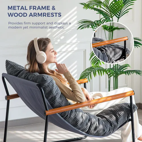 Miniatura 7 de MAXYOYO Silla de Acento Moderna, Silla Cómoda de Sala de Estar con Marco de Metal y Reposabrazos de Madera, Sillón Tapizado con Cojín Suave