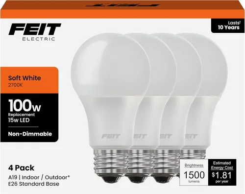 Miniatura 16 de Feit Electric Bombillas LED A19, equivalente a 100 W, no regulables, 1500 lúmenes, base estándar E26, blanco suave de 2700 K, 80 CRI, vida útil