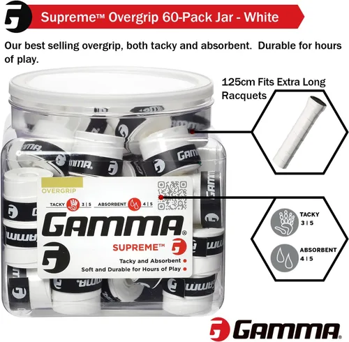 Miniatura 6 de Gamma Sports Supreme Overgrip para raquetas de tenis, pickleball, squash, bádminton y raquetball, varios tamaños y colores Blanco