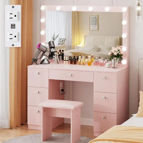 Miniatura 10 de VOWNER Tocador con espejo iluminado: escritorio de maquillaje con parte superior de vidrio con 7 cajones y toma de corriente, 3 modos de iluminación
