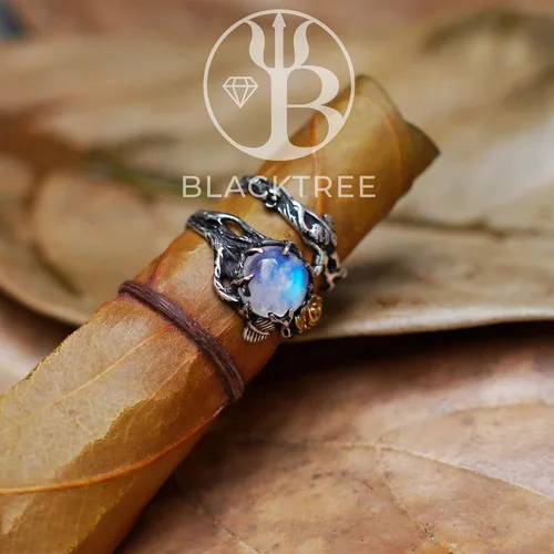 Miniatura 3 de Cleo & Mio - Juego de anillos de compromiso con piedra lunar arcoíris de 0.315 in, anillos de compromiso de oro y plata de ley para mujer, anillo
