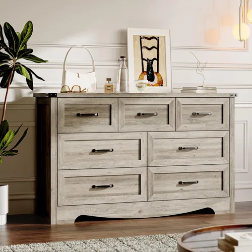 Miniatura 34 de BORNOON - Cómoda de 7 cajones para dormitorio, cómoda de madera moderna con manijas de metal, diseño antivuelco, organizador de almacenamiento Blanco