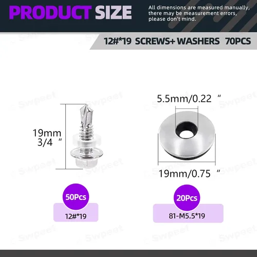 Miniatura 2 de Swpeet 70 tornillos autoperforantes de acero inoxidable 410 #12 x 3/4 pulgadas con cabeza hexagonal de arandela con acero inoxidable #12 x 3/4