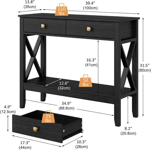 Miniatura 3 de Lomojo Mesa consola, mesa de sofá de 13.8 pulgadas de profundidad x 39.37 pulgadas de ancho x 31.5 pulgadas, mesa de entrada con 2 cajones, estante