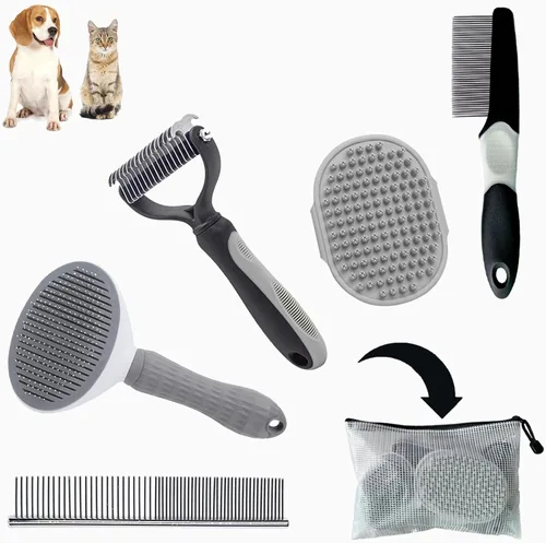 Juego de 5 piezas de aseo para perro, cachorro, cepillo para deshedding y slicker para mascotas de pelo corto, peine para pulgas y peine de aseo