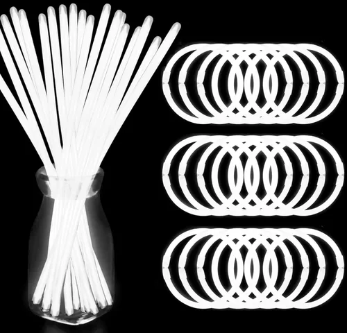 300 pulseras blancas de palo brillante a granel de 8 pulgadas con conectores que brillan en la oscuridad, suministros de fiesta de neón iluminados