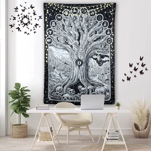 Miniatura 6 de ZYLLGLOW Tapiz del zodiaco con diseño de árbol de la vida en blanco y negro para dormitorio, estético, malvado de ojo, serpiente, sol y luna