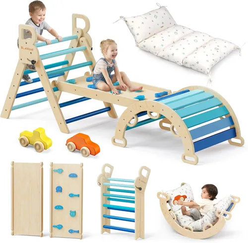 Miniatura 13 de BlueWood Set de Triángulo Pikler con Cojín, Juguetes de Escalada 8-en-1 para Niños Pequeños, Gimnasio de Juegos con Filosofía Montessori con Arco