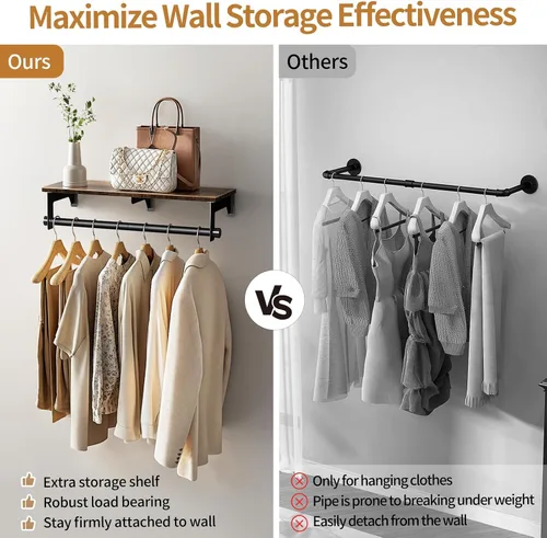 Miniatura 3 de Luxspire Perchero de 28.7 pulgadas, perchero montado en la pared con estante superior para colgar ropa, perchero industrial resistente, estantes