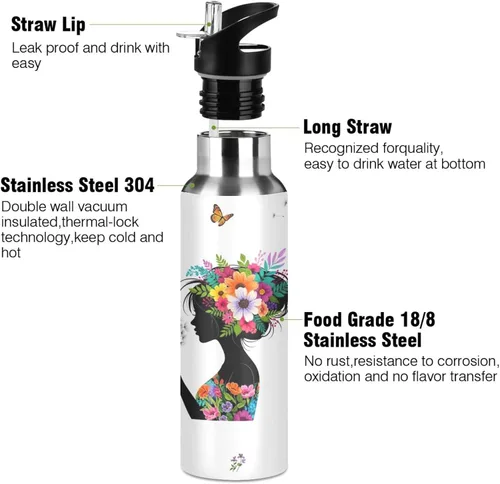Miniatura 3 de Colorful Flowers Stainless Steel Water Bottle 20 Oz, BPA-Free Sport Water Bottle Leakproof Water Bottles