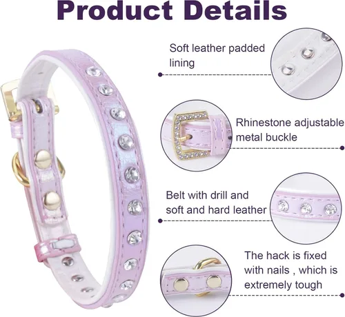 Miniatura 2 de Collar para perro de cuero brillante con diamantes de imitación tachonados, accesorio glamoroso de hebilla dorada para perros pequeños a medianos
