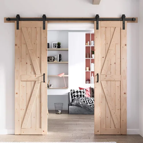 Miniatura 17 de FREDBECK - Puerta de granero de madera de 48 x 84 pulgadas con kit de herrajes para puerta de granero de 8 pies incluido, forma K, panel de abeto