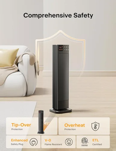 Miniatura 5 de PELONIS Calentador de espacio interior de torre de cerámica oscilante para el hogar con oscilación, termostato programable y modo ECO, temporizador