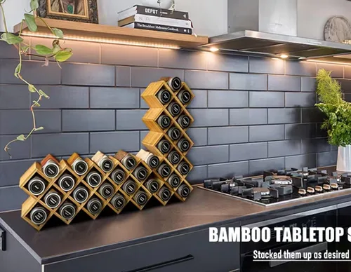 Miniatura 7 de Organizador de especias de bambú cruzado para gabinete, estante de madera para condimentos, soporte para especias, torre de almacenamiento