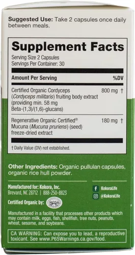Miniatura 8 de kokora Cordyceps Energy - Suplemento orgánico de hongos adaptogénicos - Incluye extracto de Cordyceps orgánico certificado y macuna orgánica