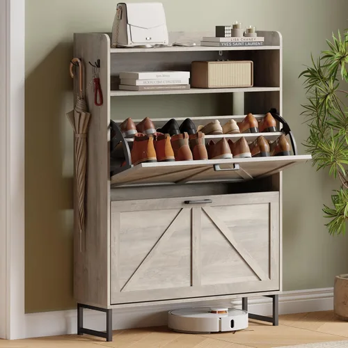 Miniatura 10 de Gabinete para Zapatos con 2 Cajones Abatibles, Organizador Independiente Oculto para Almacenamiento de Zapatos para Entrada, Gabinete Estrecho