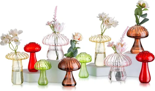 Miniatura 9 de Glasseam Jarrón de Seta de Cristal Ámbar: Lindo Juego de Jarrones Pequeños para Flores de 5 Jarrones Únicos Mini para Capullos para Centros de Mesa