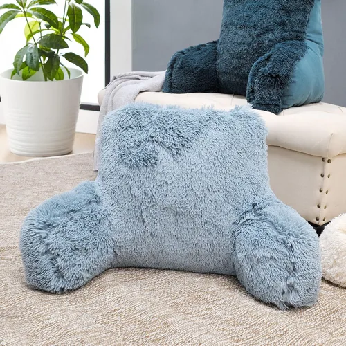 Miniatura 5 de Almohada de felpa de felpa lanuda de piel sintética con brazos para sentarse en la cama, sofá, cojín de cuña de apoyo de espalda con funda Azul