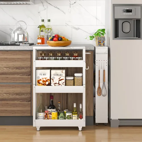 Miniatura 3 de CHLORYARD Carrito de almacenamiento delgado, carrito de cocina de 4 niveles, armario de almacenamiento estrecho con asa y ruedas, unidad de estante