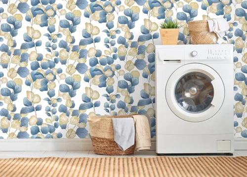 Miniatura 4 de Vinjiasin Papel tapiz bohemio para despegar y pegar, papel de contacto de hojas azules, papel tapiz floral moderno, autoadhesivo, extraíble, papel