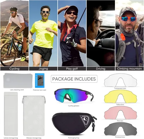 Miniatura 6 de Gafas de ciclismo, lentes deportivos polarizados con marco irrompible TR90, anti-UV400 A1#Negro-Gris Base de Lente REVO Verde