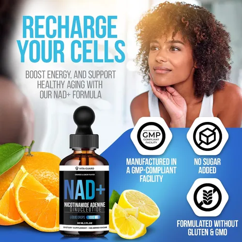 Miniatura 5 de Vita Guard Pure NAD+ Liquid Drops 1000mg Fórmula de nicotinamida y adenina Vegano, sin OMG Sabor natural de limón y naranja Suplemento