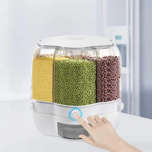 Miniatura 3 de Dispensador de arroz giratorio de 6 rejillas, contenedor de almacenamiento de granos giratorio de 360°, cubo de almacenamiento de granos de azúcar