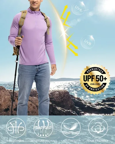 Miniatura 6 de BGOWATU Camisas de senderismo para hombre, de manga larga, UPF 50+, con cremallera de un cuarto, de secado rápido