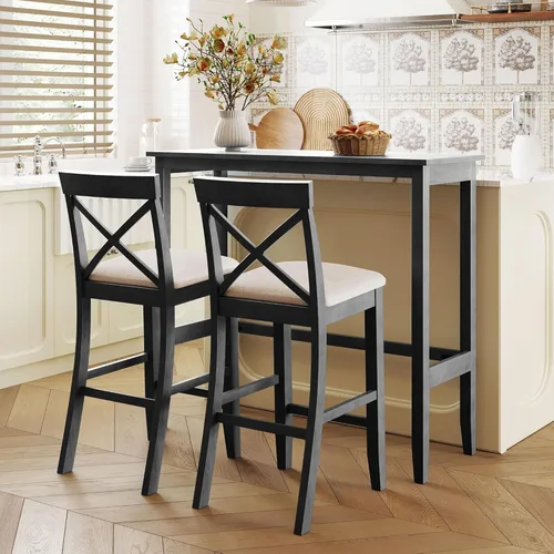 Miniatura 16 de JIVOIT Juego de mesa de comedor de 3 piezas con altura de mostrador, juego de comedor de madera maciza con 2 taburetes tapizados, mesa de comedor