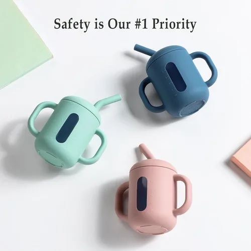 Miniatura 8 de CLYMENE Taza de entrenamiento de silicona con popote y asas, taza para beber para bebé, taza para beber agua para bebés y niños pequeños de 6 meses
