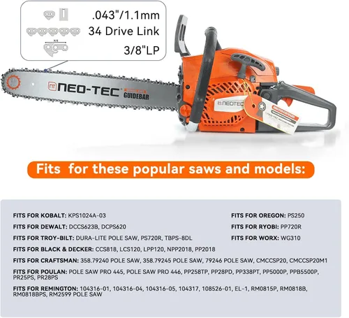 Miniatura 4 de NEOTEC DeWalt - Cadena de sierra de poste de 8 pulgadas, 3/8 pulgadas, paso LP de .043 pulgadas, calibre 34 eslabones de transmisión para DeWalt 20V