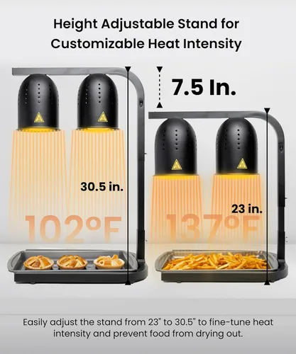 Miniatura 4 de SYBO DL2112 Lámpara de calor para alimentos de grado comercial, calentador de alimentos eléctrico portátil, 2 bombillas de 500W con soporte Negro