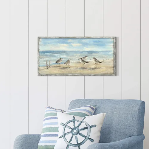 Miniatura 5 de Pintura enmarcada de playa para decoración de pared: arte abstracto de la pared del océano, pintura al óleo costera, gaviotas, imagen impresa